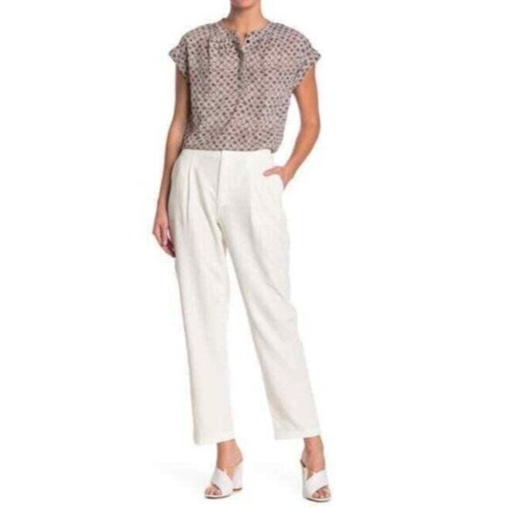 H Halston Ankle Crop Pleated Self Tab White Pants SZ L NEW $205
